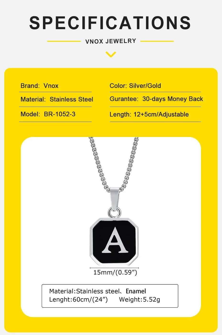 Vnox A-Z Initial Letters Men Necklaces, Geometric Pendant with Box Cuban Rope Chain, Stainless Steel Square Simple Collar