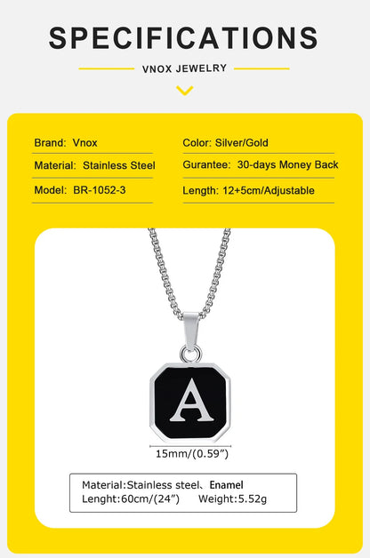 Vnox A-Z Initial Letters Men Necklaces, Geometric Pendant with Box Cuban Rope Chain, Stainless Steel Square Simple Collar