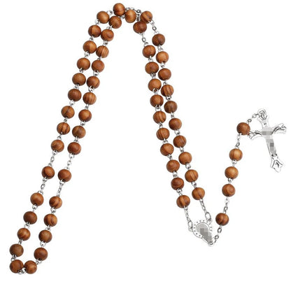 Wooden Rosary Cross Necklace