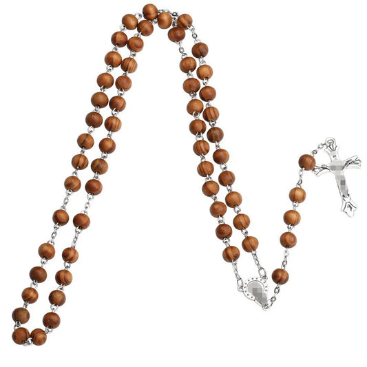 Wooden Rosary Cross Necklace