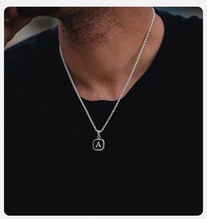 Vnox A-Z Initial Letters Men Necklaces, Geometric Pendant with Box Cuban Rope Chain, Stainless Steel Square Simple Collar