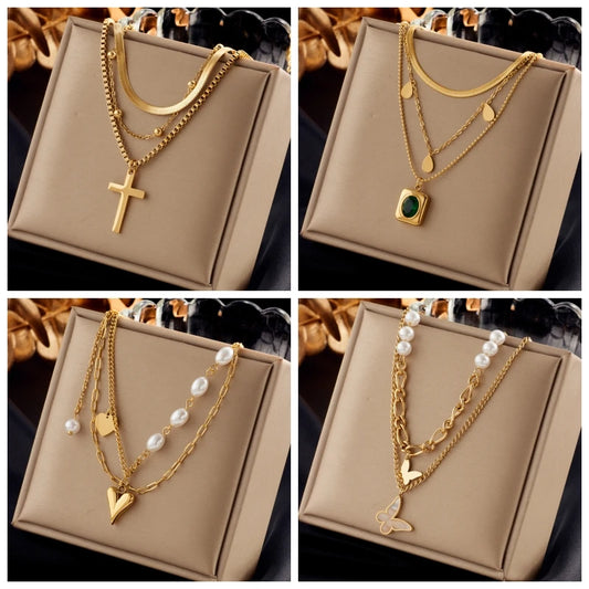 Stainless Steel Pearl Heart & Butterfly Cross Pendant Necklace