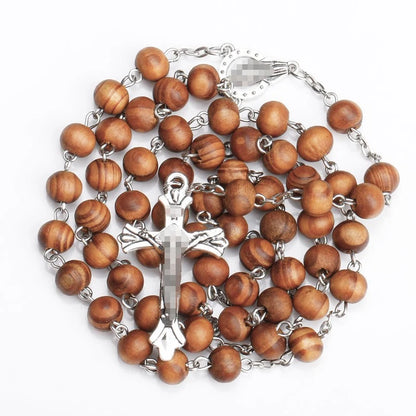 Wooden Rosary Cross Necklace