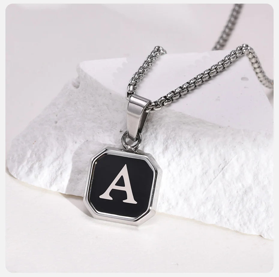 Vnox A-Z Initial Letters Men Necklaces, Geometric Pendant with Box Cuban Rope Chain, Stainless Steel Square Simple Collar
