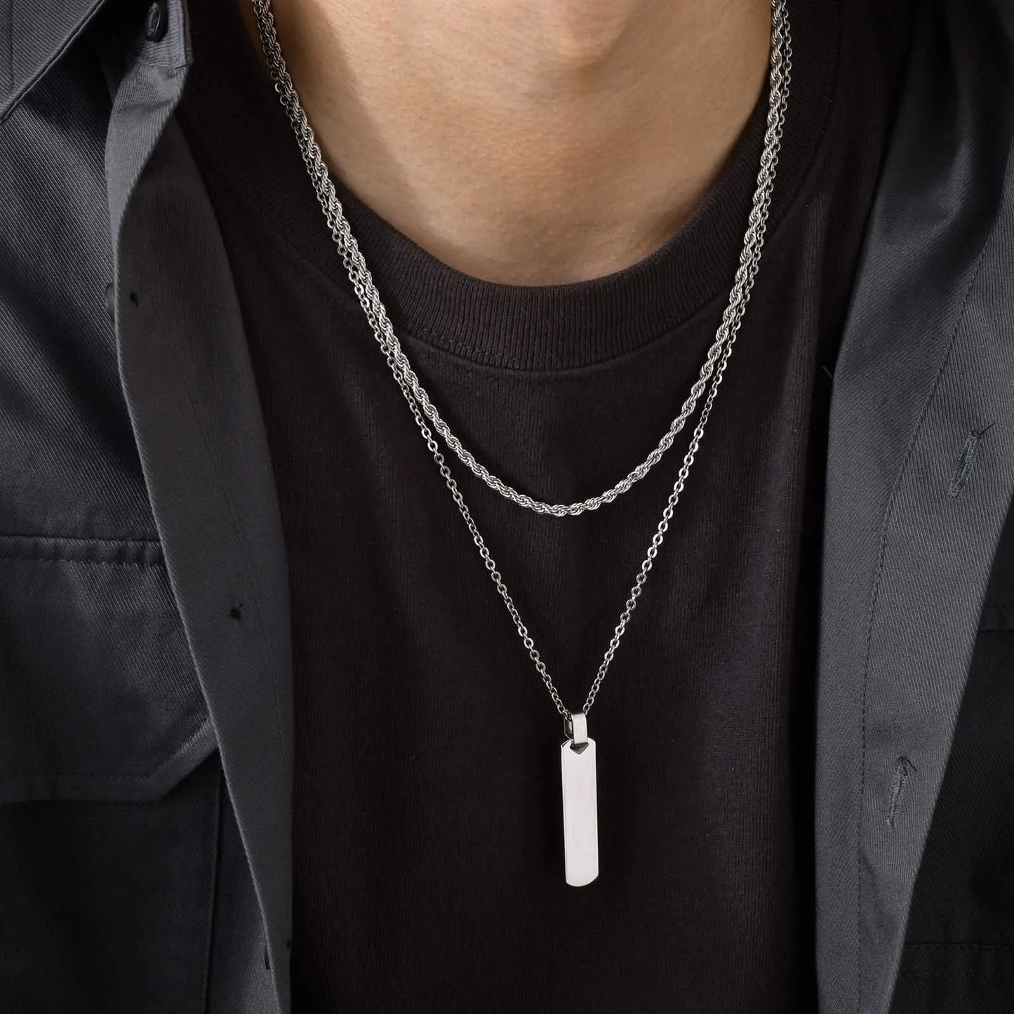 Vertical Bar Stacked Necklaces for Men Boys,Stainless Steel Cuban Chain Twisted Rope Chain Collar,Stylish Jewelry Sets Gifts