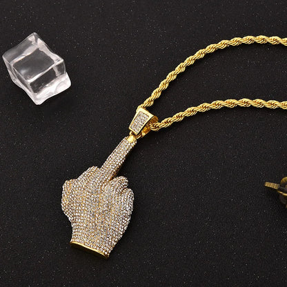 Ice Out Zircon Middle Finger Pendant Necklace