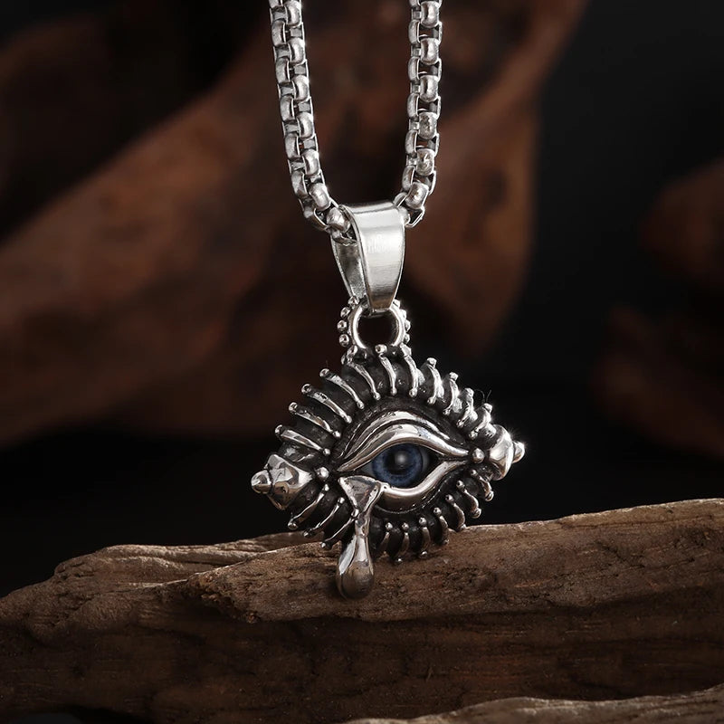Retro Gothic Blue Evil Eye Protection Pendant Necklace for Men Boys Biker Amulets Punk Jewelry Gifts