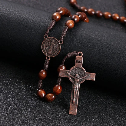 Wooden Bead Rosary Necklace