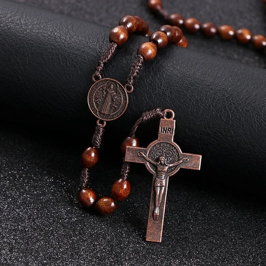 Wooden Bead Rosary Necklace