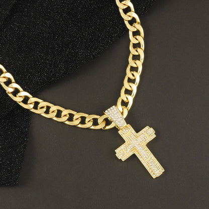 Shiny Cross Pendant Necklace with Miami Cuban Chain