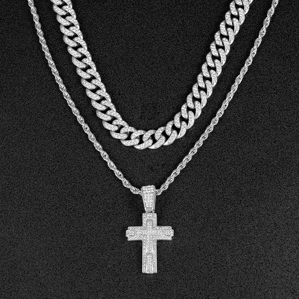 Shiny Cross Pendant Necklace with Miami Cuban Chain