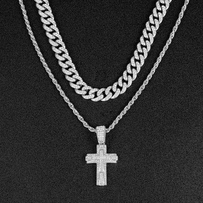 Shiny Cross Pendant Necklace with Miami Cuban Chain