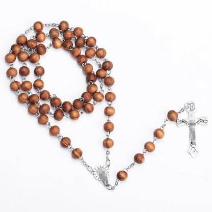 Wooden Rosary Cross Necklace