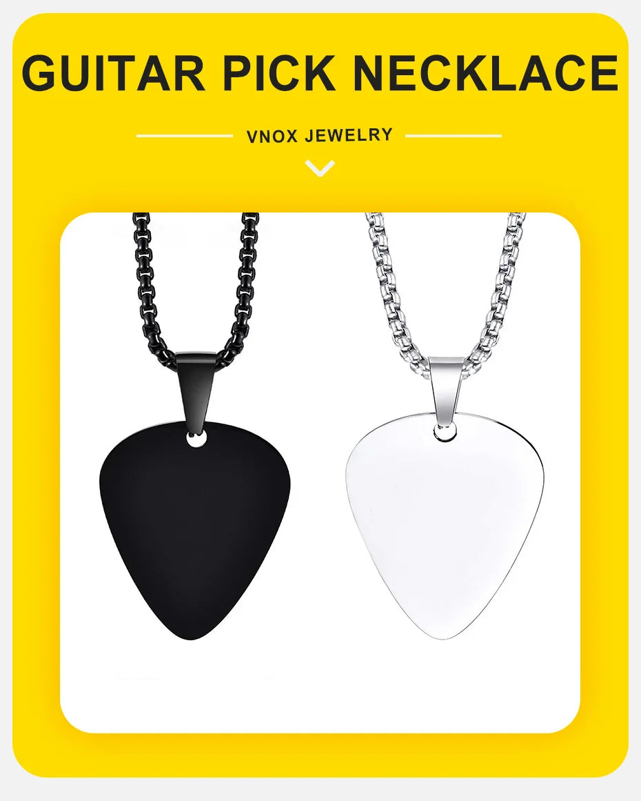 Vnox New Unique Guitar Pick Necklace for Men Boys, Stainless Steel Guitar Picks Pendant Collar to Music-lovers Gifts Jewelry