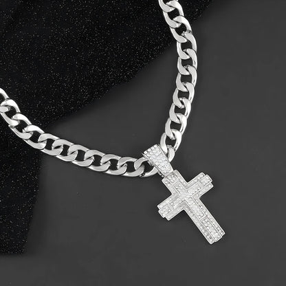 Shiny Cross Pendant Necklace with Miami Cuban Chain