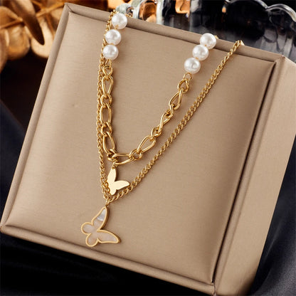 Stainless Steel Pearl Heart & Butterfly Cross Pendant Necklace
