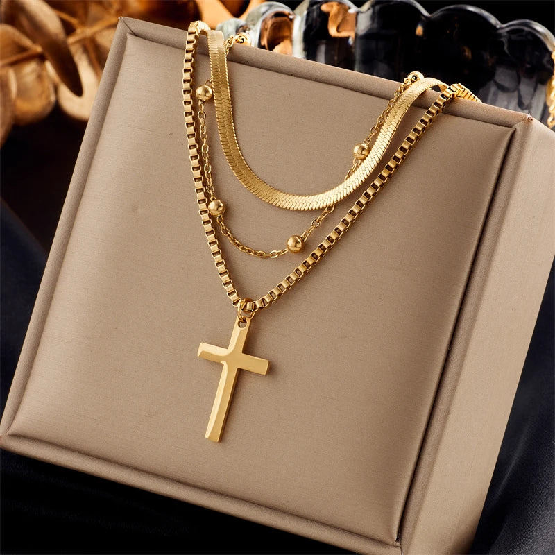 Stainless Steel Pearl Heart & Butterfly Cross Pendant Necklace