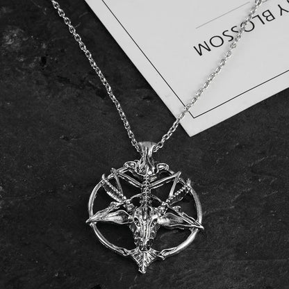 Vintage Pentagram Goat Skull Pendant Necklace
