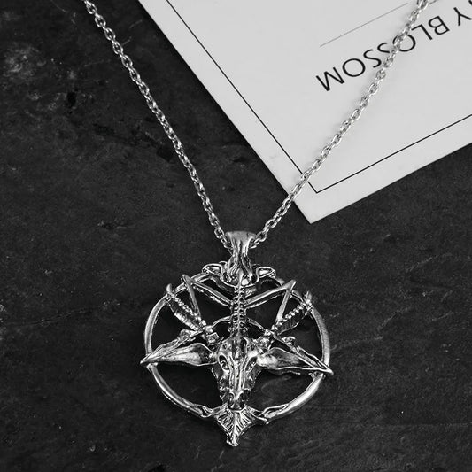 Vintage Pentagram Goat Skull Pendant Necklace