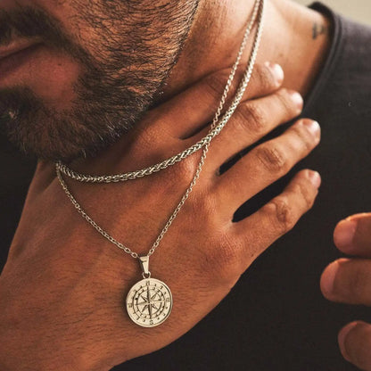Vnox Compass Necklaces for Men, Layering Stacked Cuban Figaro Chain Necklaces, Casual Sailing Holiday Stainless Steel Boy Collar