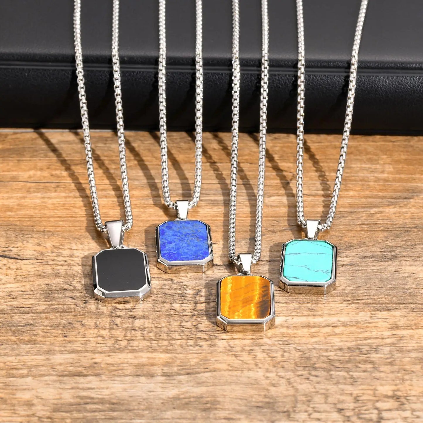 Trendy Pendant Necklaces for Men Boys,Square Natural Stone Stainless Steel Necklaces,New Hip Hop Cool Jewelry Gifts