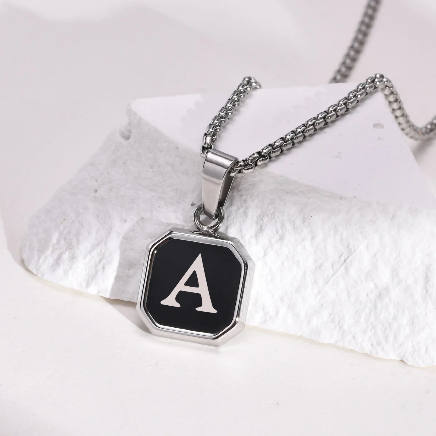 Vnox A-Z Initial Letters Men Necklaces, Geometric Pendant with Box Cuban Rope Chain, Stainless Steel Square Simple Collar