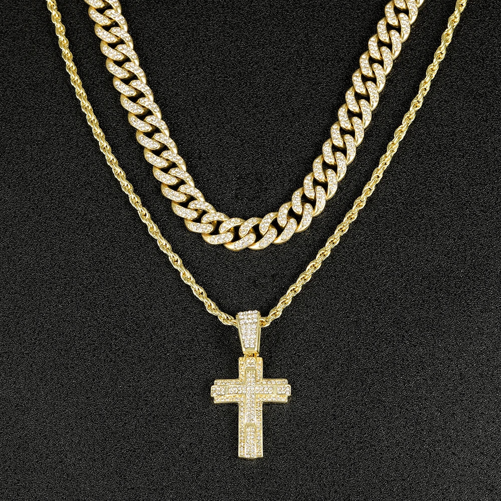 Shiny Cross Pendant Necklace with Miami Cuban Chain