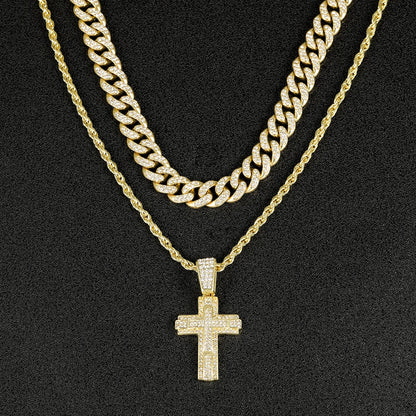 Shiny Cross Pendant Necklace with Miami Cuban Chain