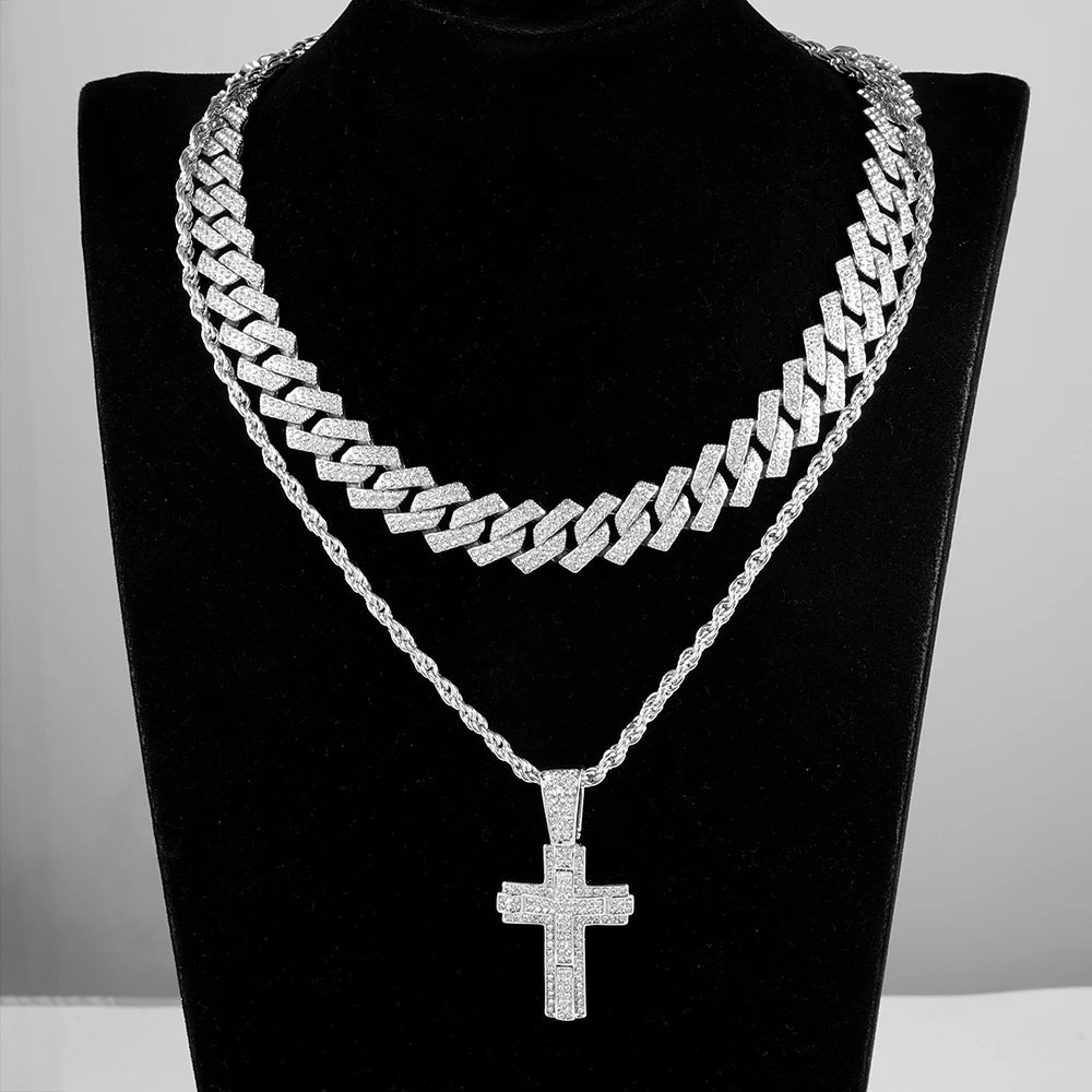 Shiny Cross Pendant Necklace with Miami Cuban Chain