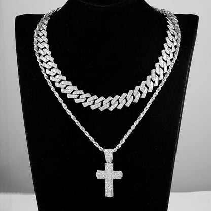 Shiny Cross Pendant Necklace with Miami Cuban Chain