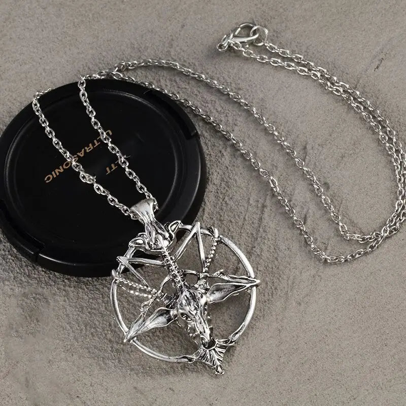 Vintage Pentagram Goat Skull Pendant Necklace