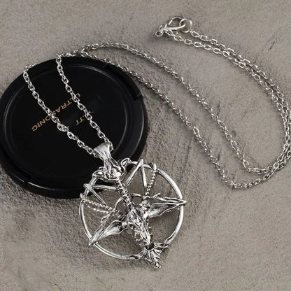 Vintage Pentagram Goat Skull Pendant Necklace