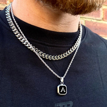 Vnox A-Z Initial Letters Men Necklaces, Geometric Pendant with Box Cuban Rope Chain, Stainless Steel Square Simple Collar
